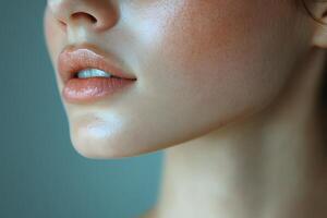 Close-Up of Smooth, Radiant Skin with Soft, Natural Makeup for Beauty and Skincare Concept photo