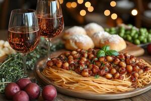 Romantic Dinner Setup with Spaghetti, Chickpeas, and Ros Wine for Intimate Dining Experience photo