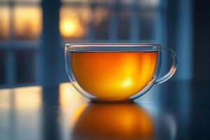 Warm Tea in Glass Cup at Sunset - Relaxation and Tranquility Concept photo