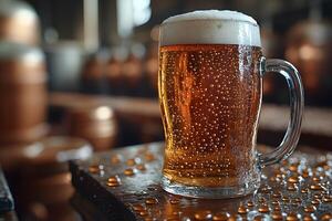 Refreshing Craft Beer in Rustic Brewery Setting for Authentic Beverage Experience photo
