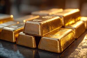 Stack of Shiny Gold Bars on Reflective Surface for Wealth and Investment Themes photo