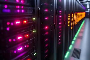 Data Center Technology with Colorful LED Indicators for Modern Networking and IT Infrastructure photo