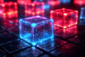 Futuristic Neon Cubes on Digital Grid for Tech Concept and Cyber Design photo