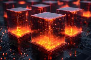 Glowing Cubes on Circuit Board - Futuristic Technology Concept for Digital Innovation Design photo
