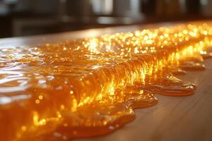 Golden Honey Flowing on Wooden Surface Nature's Liquid Gold for Food and Health Imagery photo