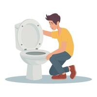 Sad man sitting near the toilet and feeling nausea due to digestive and stomach problems. vector