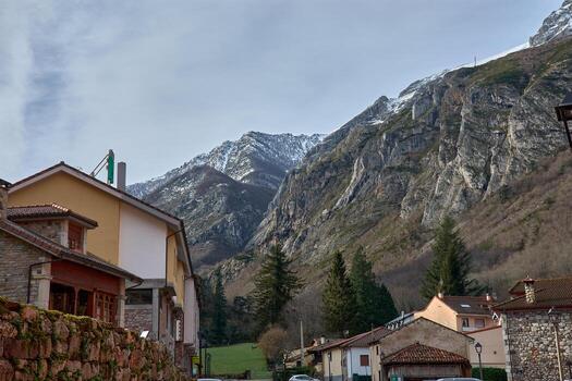 Serene Winter Landscape Penavera Mountain and Pola de Somiedo in Asturias photo