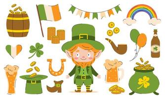 Collection of St. Patrick's Day elements with leprechaun, clover, rainbow and other symbols of the holiday on a white background. vector