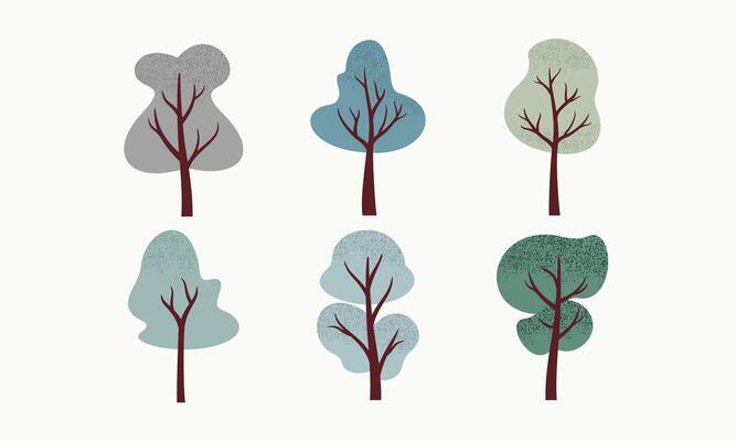 Set of Cute Winter Trees Hand Drawn Illustration. Elements of Nature to Create a Landscape