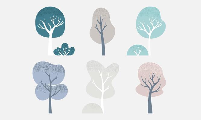 Hand Drawn Set of Cute Winter Trees Illustration. Elements of Nature to Create a Landscape