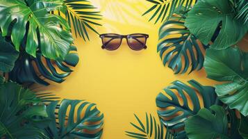 Tropical leaves and sunglasses on yellow background photo