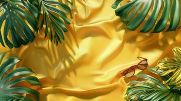 A tropical palm leaf and sunglasses on a yellow fabric photo