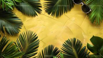 Tropical leaves and sunglasses on yellow background - stock photo - images
