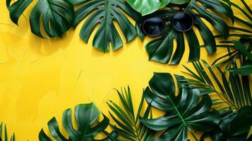 Tropical leaves on yellow background with sunglasses photo