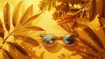 Sunglasses on a yellow background with leaves photo