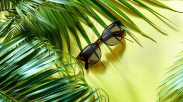 A pair of sunglasses on a yellow background with palm leaves photo