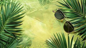 A pair of sunglasses and sunglasses are on a green background photo
