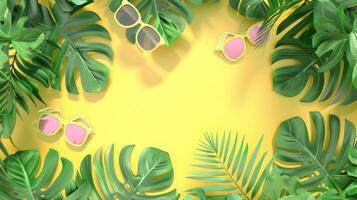 Tropical leaves and sunglasses on yellow background photo