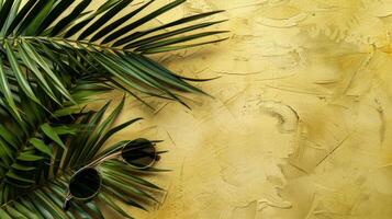 A pair of sunglasses and a palm leaf on a yellow wall photo