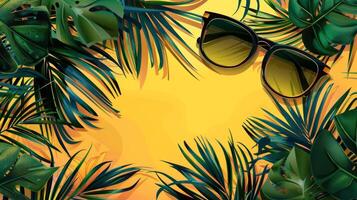 Tropical leaves and sunglasses on a yellow background photo