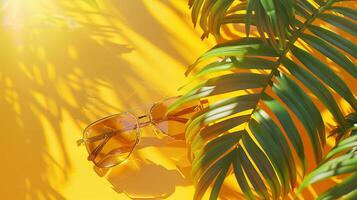Sunglasses and palm leaves on a yellow background photo