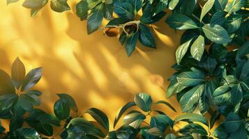 A yellow wall with green leaves and a green plant photo