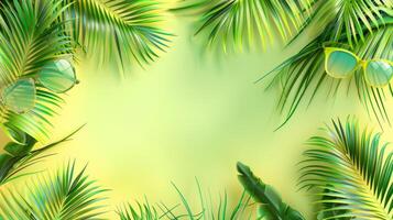 Tropical palm leaves and sunglasses on a yellow background photo