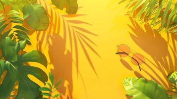 Tropical plants and sunglasses on a yellow background photo
