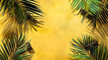 A tropical background with palm leaves and sunglasses photo