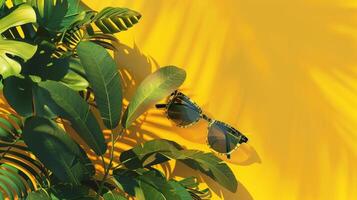 A pair of sunglasses and some green leaves on a yellow background photo