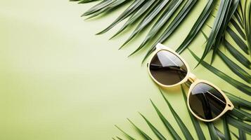 Golden sunglasses on green palm leaves with copy space photo