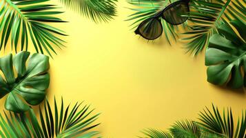 Tropical leaves and sunglasses on a yellow background photo