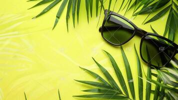 Summer background with sunglasses and palm leaves photo