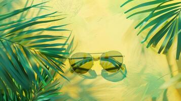 A pair of sunglasses on a yellow background with palm leaves photo