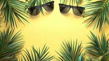 Two pairs of sunglasses on a yellow background with palm leaves photo