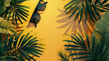 Tropical palm leaves and sunglasses on yellow background photo