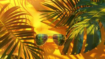 Sunglasses and palm leaves on a yellow background photo