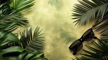 A tropical background with sunglasses and palm leaves photo