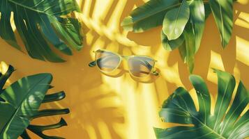 A pair of sunglasses and a green plant on a yellow background photo