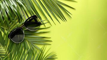 Tropical palm leaves and sunglasses on a bright yellow background photo