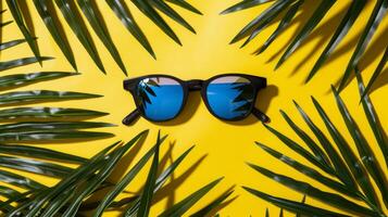 A pair of sunglasses on a yellow background with palm leaves photo