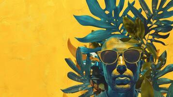 A painting of a man with sunglasses and plants photo