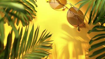 Sunglasses and palm leaves on a yellow background photo