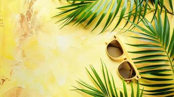 A pair of sunglasses and palm leaves on a yellow background photo
