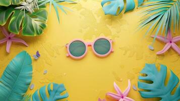 Pink sunglasses and tropical plants on a yellow background photo