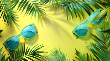 Tropical background with sunglasses and palm leaves photo