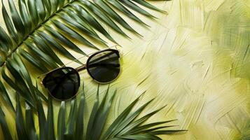 A pair of sunglasses and palm leaves on a yellow background photo