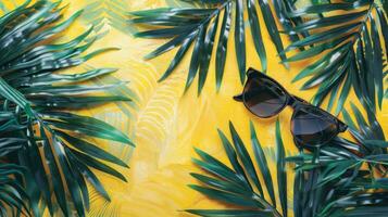 A pair of sunglasses and palm leaves on a yellow background photo