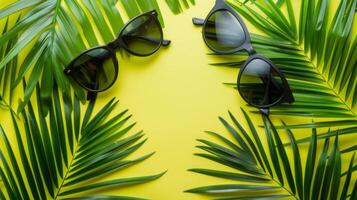 Two pairs of sunglasses on a yellow background with palm leaves photo