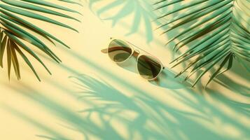 Sunglasses and palm leaves on a yellow background photo